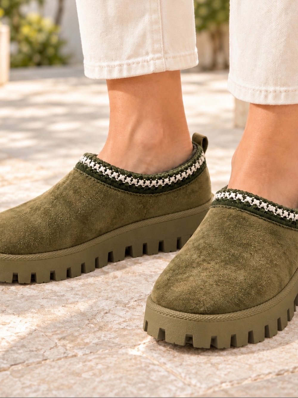 Women’s Olive Slip-On Platform Clog with Braided Trim